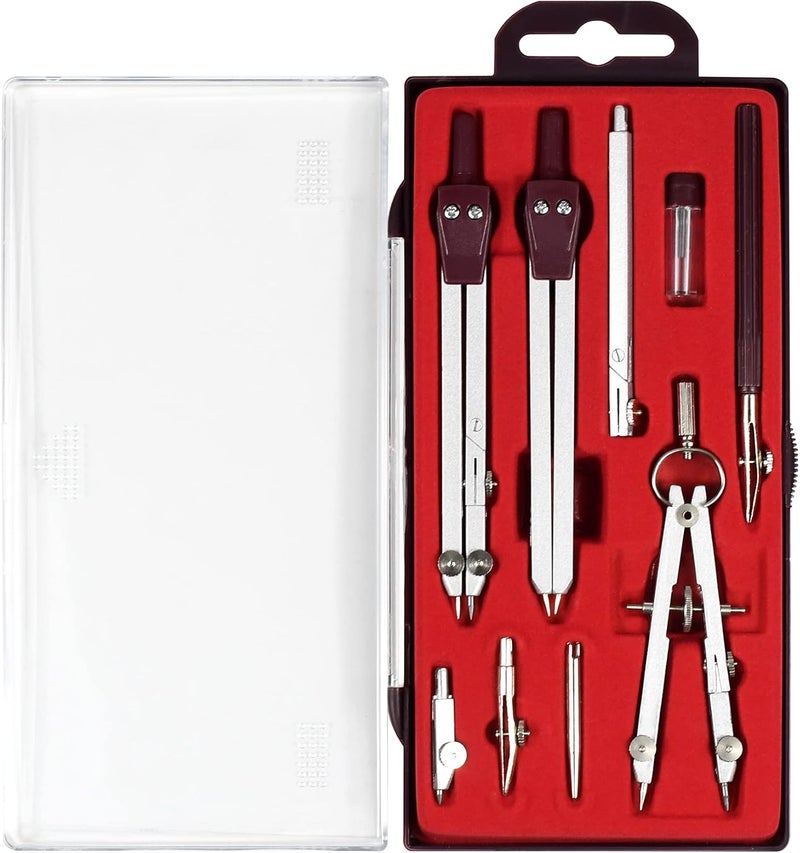 Unjoo Drawing 9Pc Geometry Set Metal Compass, Geometry Precision Tool for Student, Circle Drawing Tool and Architecture, Drafting Kits for Engineer with Shatterproof Storage Box (Red) - Image 1